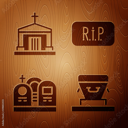 Set Coffin, Old crypt, Grave with tombstone and Speech bubble rip death on wooden background. Vector.