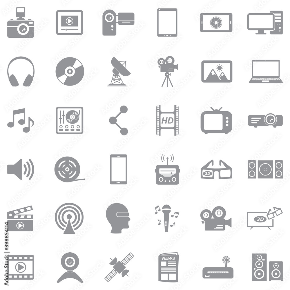Multimedia Icons. Gray Flat Design. Vector Illustration.