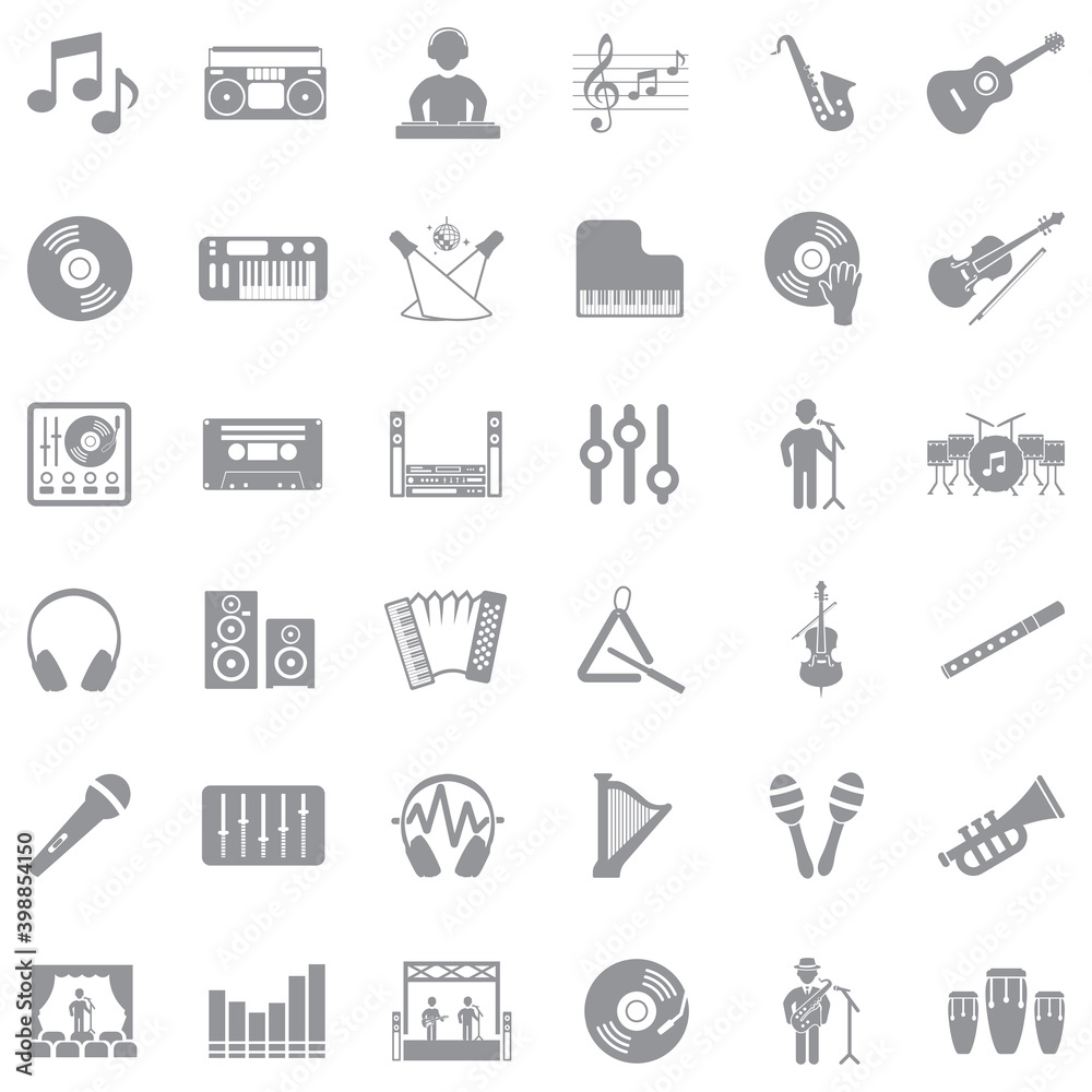Music Icons. Gray Flat Design. Vector Illustration. Music Icons. Gray Flat Design. Vector Illustration.
