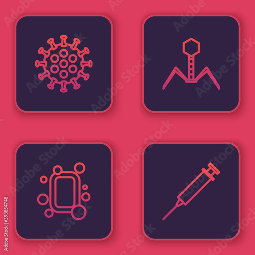 Set line Virus, Bar of soap, Bacteria bacteriophage and Syringe. Blue square button. Vector.