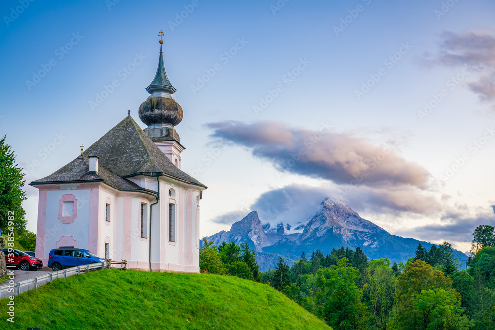 Maria Gern church with famous Watzmann summit in the background. Berchtesgadener Land in Bavaria, Germany