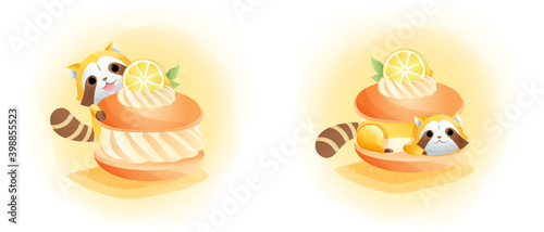 Cute raccoon and lemon cake watercolor art style. for baby card.