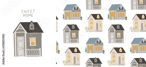 Seamless background with cute houses. Illustration for children. Can be used for fabrics, packaging, wallpapers, web page backgrounds, textiles.