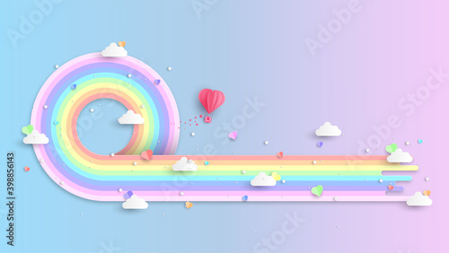 Illustration of rainbows and clouds in the sky. Graphic design for Rainbow. flying hearts. Paper cut and craft styles. vector, illustration.