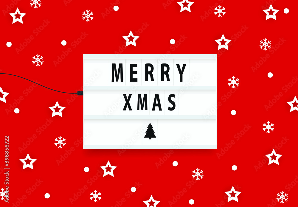 Naklejka premium Merry Christmas red background. Light box vector illustration. White snow flakes and star background.