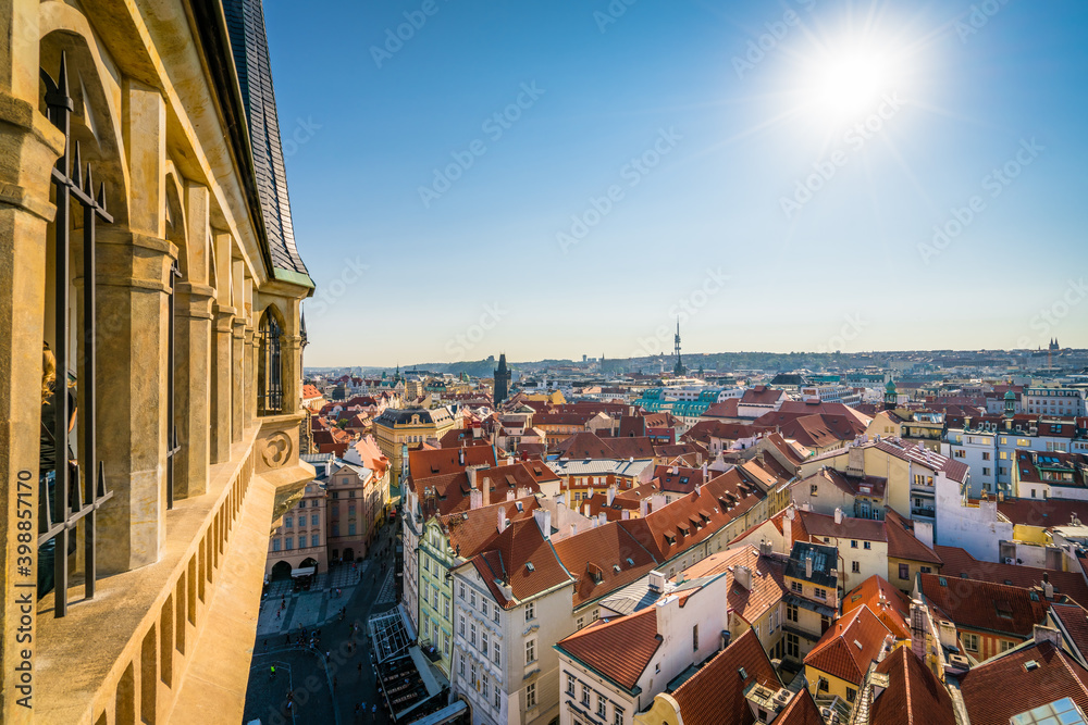 Prague town square viewed from the tower of the old town hall. Czech Republic