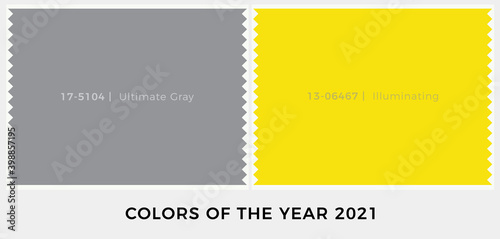 Colors of the year 2021, ultimate grey and vibrant illuminate yellow, two independent colors. Cotton swatch card sample, vector illustration