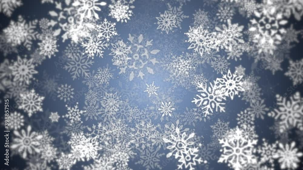 Beautiful ornate winter snowflakes and snow particles on blue background. This Winter, Christmas motion background is a seamless loop. Beautiful ornate winter snowflakes and snow particles on blue background. This Winter, Christmas motion background is a seamless loop.