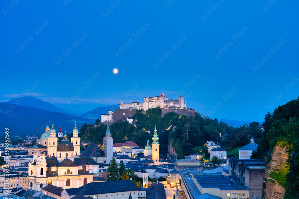Hohensalzburg Fortress at blue hour in Salzburg. Austria
