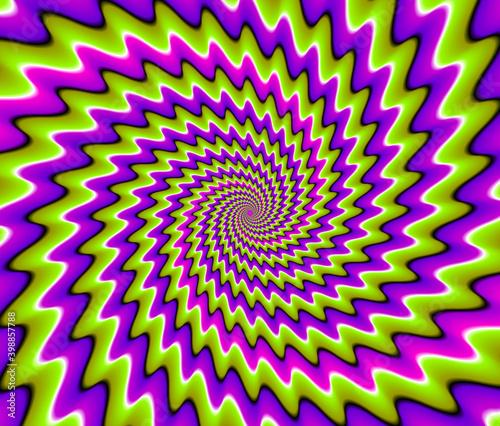 Green and purple spirals. Optical expansion illusion.