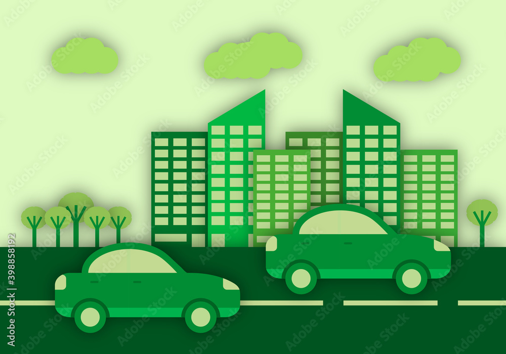 Ciudad y vehículos verdes ecológicos.