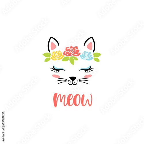 Hand drawn cute cat face with text: Meow. Sketch isolated cartoon illustration