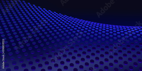 3D image of a horizontal texture and background of blue cylinders on a black background. Surface geometry.