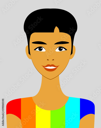 Portrait of a beautiful Asian young adult in a colorful rainbow t-shirt with LGBT symbols