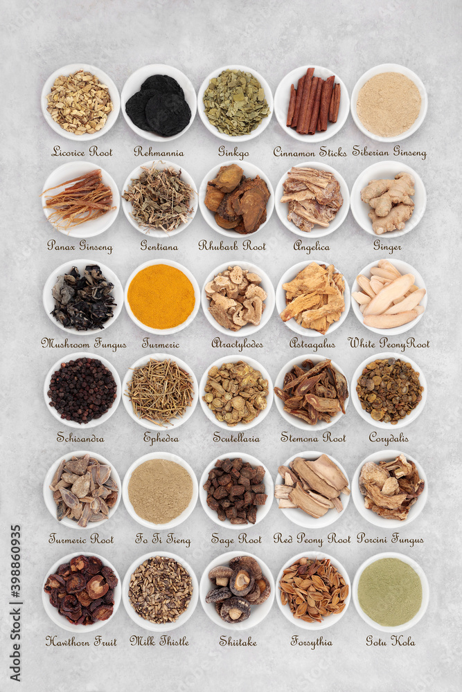 Large collection of Chinese fundamental herbs regularly used in herbal medicine, in porcelain bowls on grunge background with titles. Flat lay. Large collection of Chinese fundamental herbs regularly used in herbal medicine, in porcelain bowls on grunge background with titles. Flat lay.