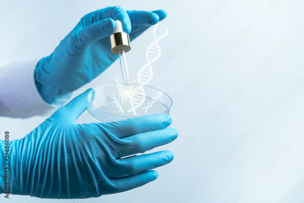 Scientist hand holding a petri dish with DNA, scientific background. 3d rendering. Scientist hand holding a petri dish with DNA, scientific background. 3d rendering.