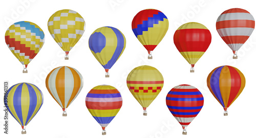A group of colorful hot-air balloons floating isolated on white backgronud. 3D