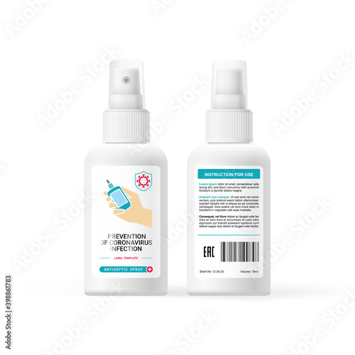 Antiseptic sprey mock-up, label design with hand sanitizer symbols and graphics