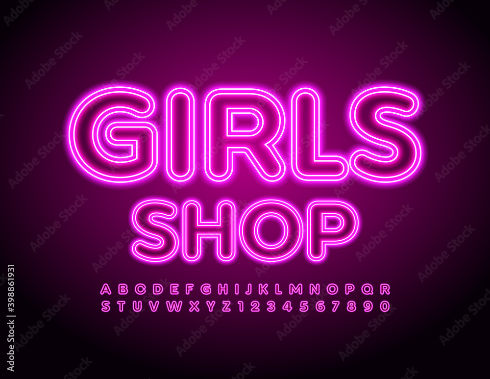 Vector glamour emblem Girls Shop. Neon glowing Font. Electric led Alphabet Letters and Numbers set