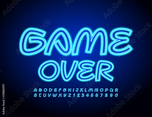 Vector Neon logo Game Over. Bright Electric Font. Blue Glowing Alphabet Letters and Numbers.