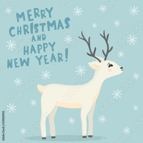 Hand drawn sketch illustration of Christmas deer looking at snowflakes. Lettering Merry Christmas and Happy New Year. Cute holidays cartoon character reindeer vector for greeting card, sticker, banner