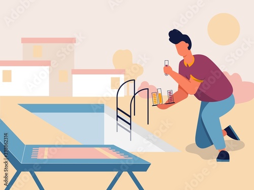 Swimming pool maintenance. Vector illustration of man cheking and balancing pH Levels of swimming pool water with test stripes.
