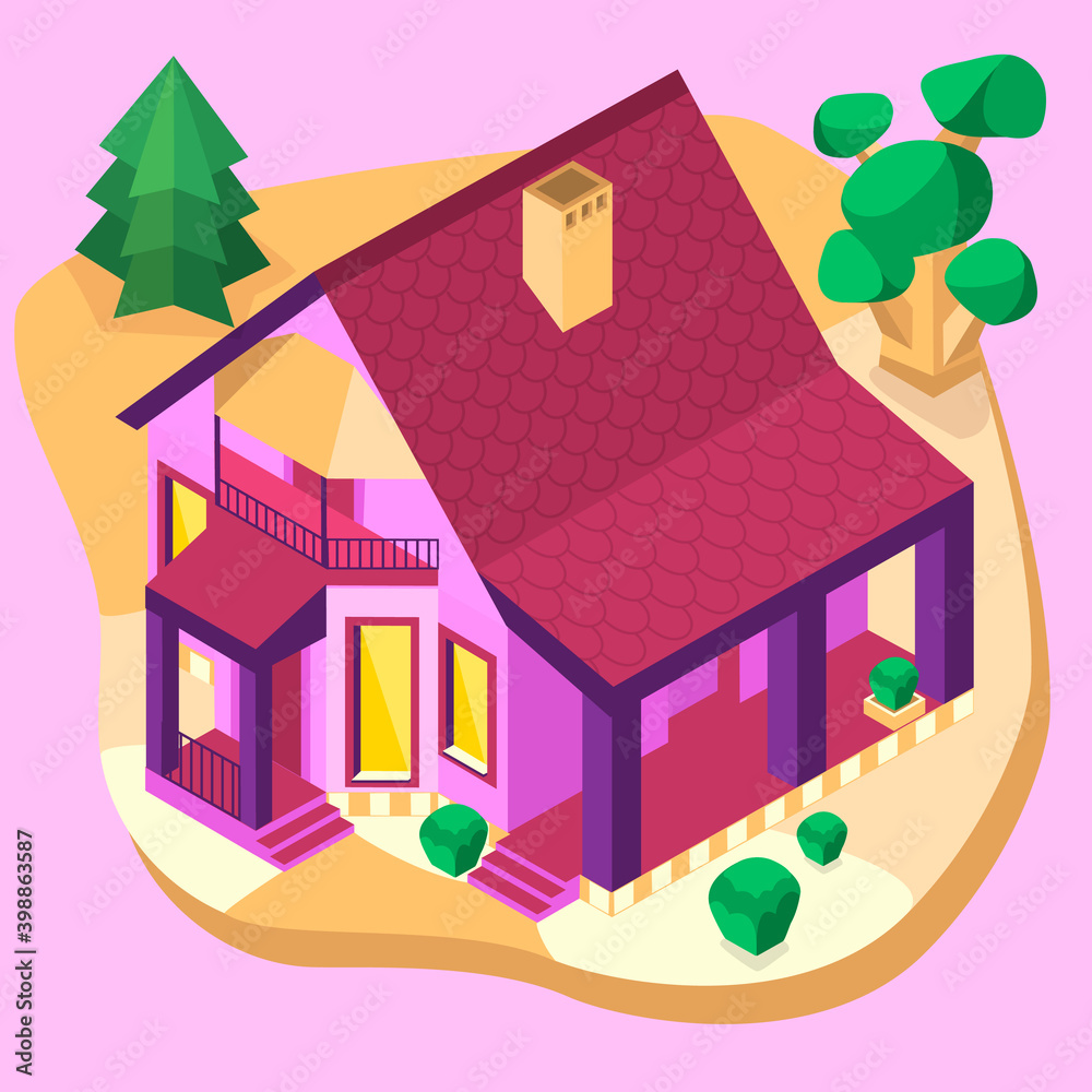 Isometric model of a country house.One floor and attic, terrace ...