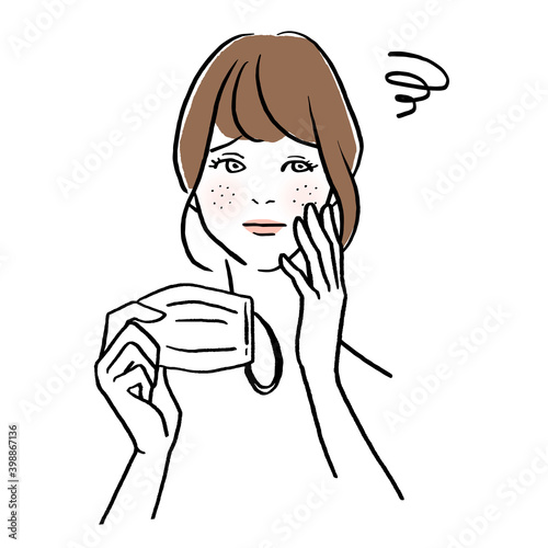 マスクをつけた後の肌トラブルに悩む女性のイラスト