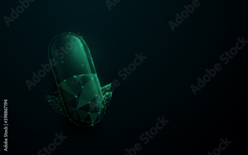 Natural medicine and capsule pills. Low poly model design with technology Hi-tech futuristic digital concept. Vector illustration