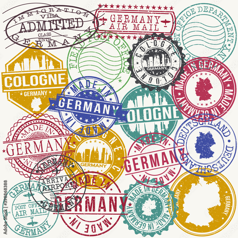 Cologne Germany Set of Stamps. Travel Stamp. Made In Product. Design Seals Old Style Insignia.