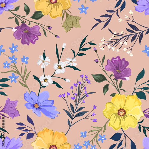Colorful hand draw seamless pattern with botanical floral design illustration.