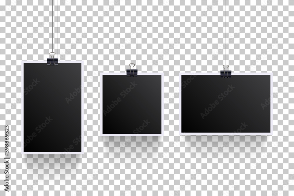 Blank photoframes hanging with pins on cords set. Realistic retro art ...
