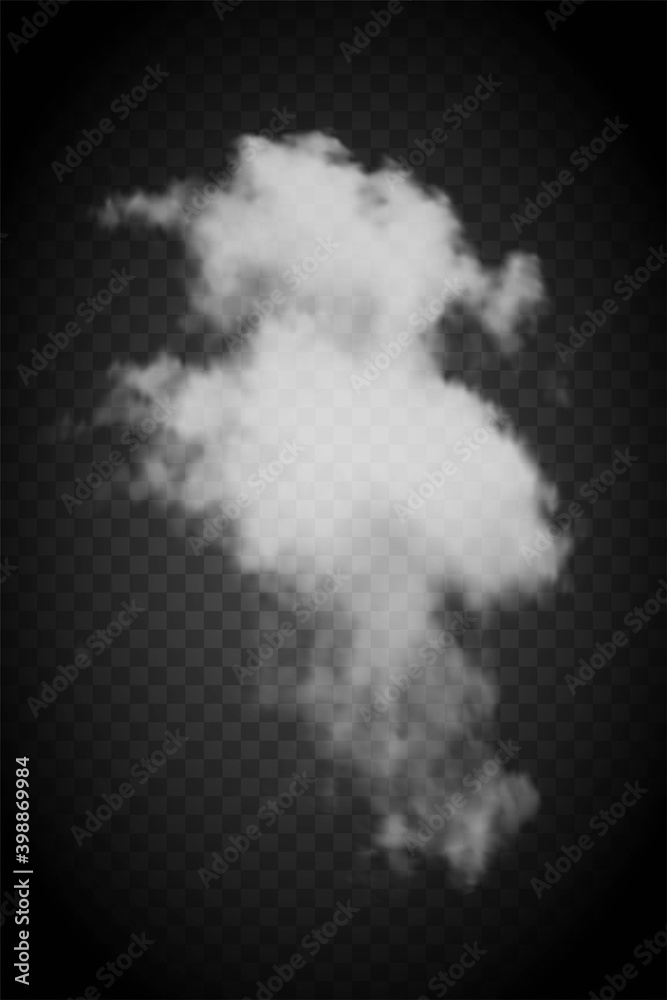 Realistic vector white smog isolated on black transparent background. Special mist cloudiness effect. Smoke cloud, chemical haze, smell, fog.