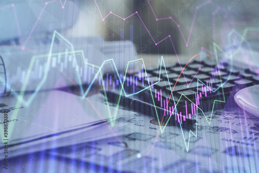 Naklejka premium Double exposure of financial chart drawings and desk with open notebook background. Concept of forex market