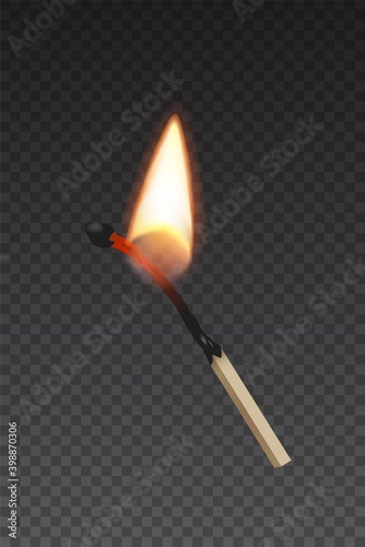 Lit match stick burning with fire flame. Wooden match, hot and glowing red isolated on transparent background. Abstract realistic horizontal vector illustration.