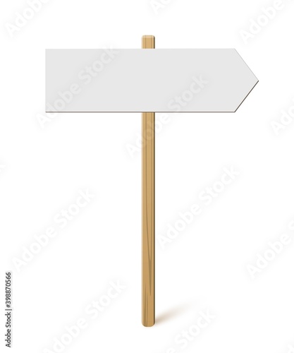 Signpost with blank direction sign on road. Wooden stick with white arrow board vector illustration. Retro street post isolated on white background. Simple empty crossroad banner