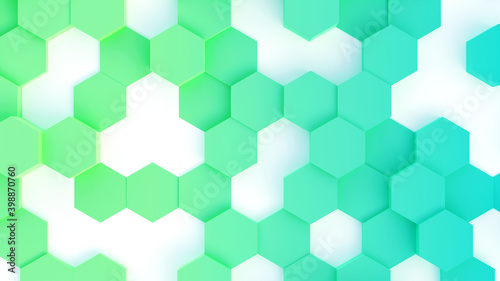 Abstract geometric background 3D green hexagons, render technology illustration.