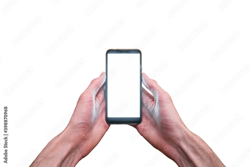 The young man's hands holding a smartphone with a white display isolated on white background, first-person view. The young man's hands holding a smartphone with a white display isolated on white background, first-person view.