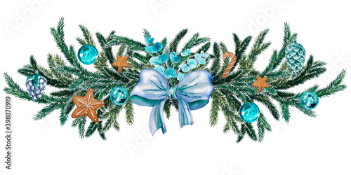 Hand painted watercolor illustration of winter garland with spruce branches, blue glass decorations, cookies and bow. For stickers, print, interior textile, Christmas postcards