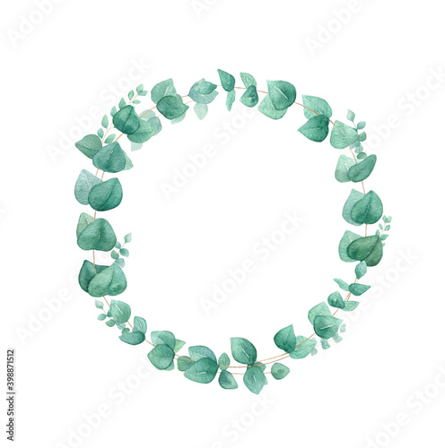 Watercolor eucalyptus wreath isolated on white background. Trendy watercolor greenery. Perfect for wedding invitations, cards, social networking. 