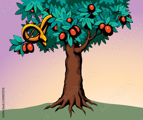 Serpent on the tree. Knowledge of good and evil. Vector drawing