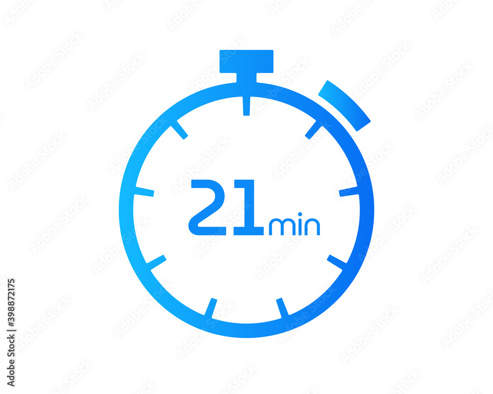 21 Minutes timers Clocks, Timer 21 mins icon, countdown icon. Time measure. Chronometer vector icon isolated on white background