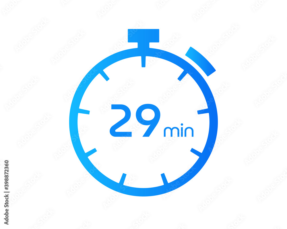29 Minutes timers Clocks, Timer 29 mins icon, countdown icon. Time measure. Chronometer vector icon isolated on white background