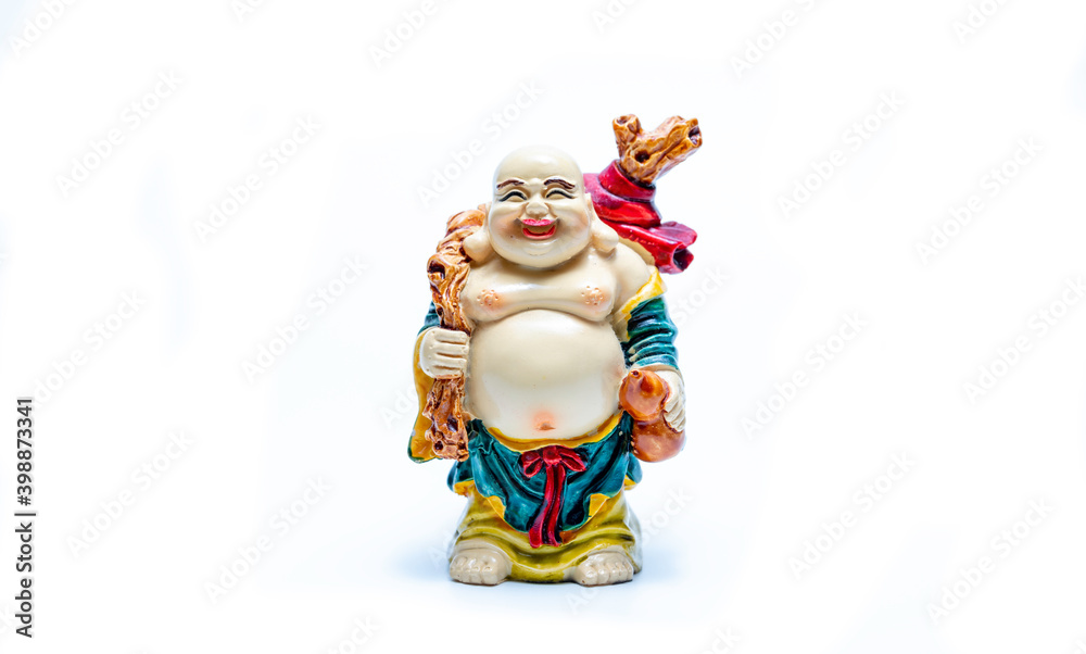 Happy buddha with money bag  stutue on isolate  white background.