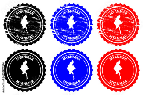 Myanmar - rubber stamp - vector, Republic of the Union of Myanmar (Burma) map pattern - sticker - black, blue and red