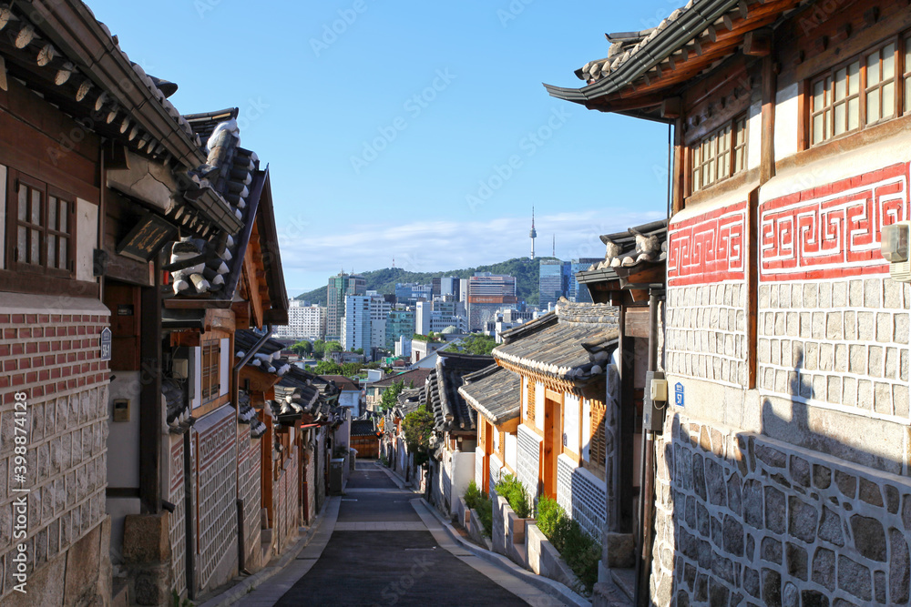 Bukchon Hanok village is a traditional village of old style wooden houses in Seoul, South Korea. 