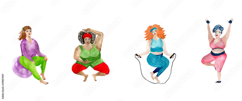 Watercolor cartoon fat training sport woman in colorful clothes isolated on white background.