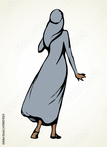 Arab with his hands up, stands with his back. Vector drawing