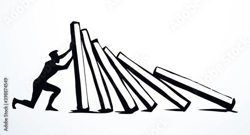 A man stops falling dominoes. Vector drawing