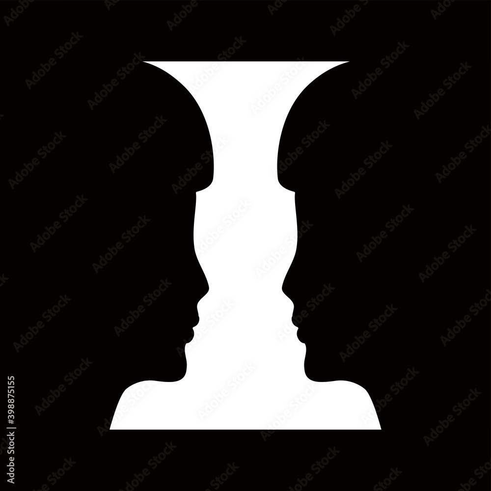 Two human faces silhouette or vase. Optical illusion. Vector illustration.